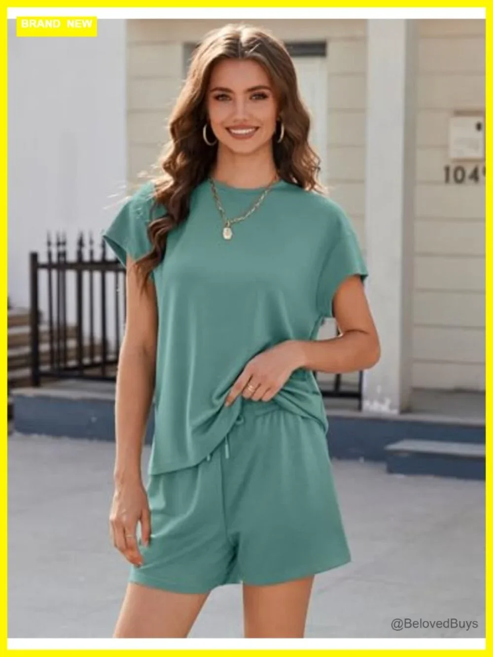 2 Piece Matching Shorts Set with Pockets Lounge Outfit Crewneck Casual Travel